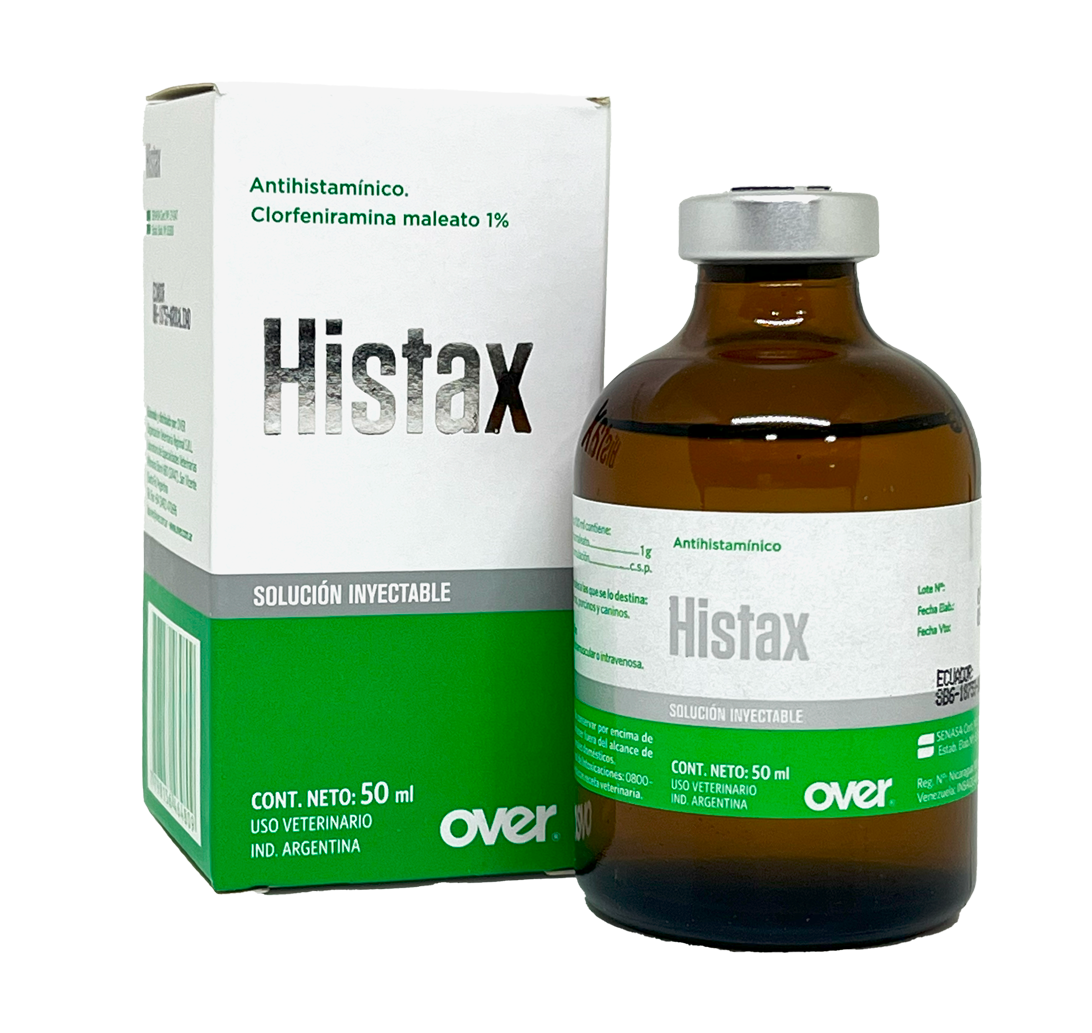Clorfeniramina maleato para equinos, bovinos, porcinos y caninos. Antihistamínico veterinario eficaz contra alergias, prurito y enfermedades respiratorias. Disponible en Ecuador.
